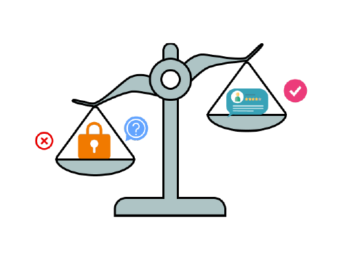 特許技術による公平性を表す天秤の図。事業者の意図的誘導を排除し、中立的な質問構成をシステムでチェックする仕組み。